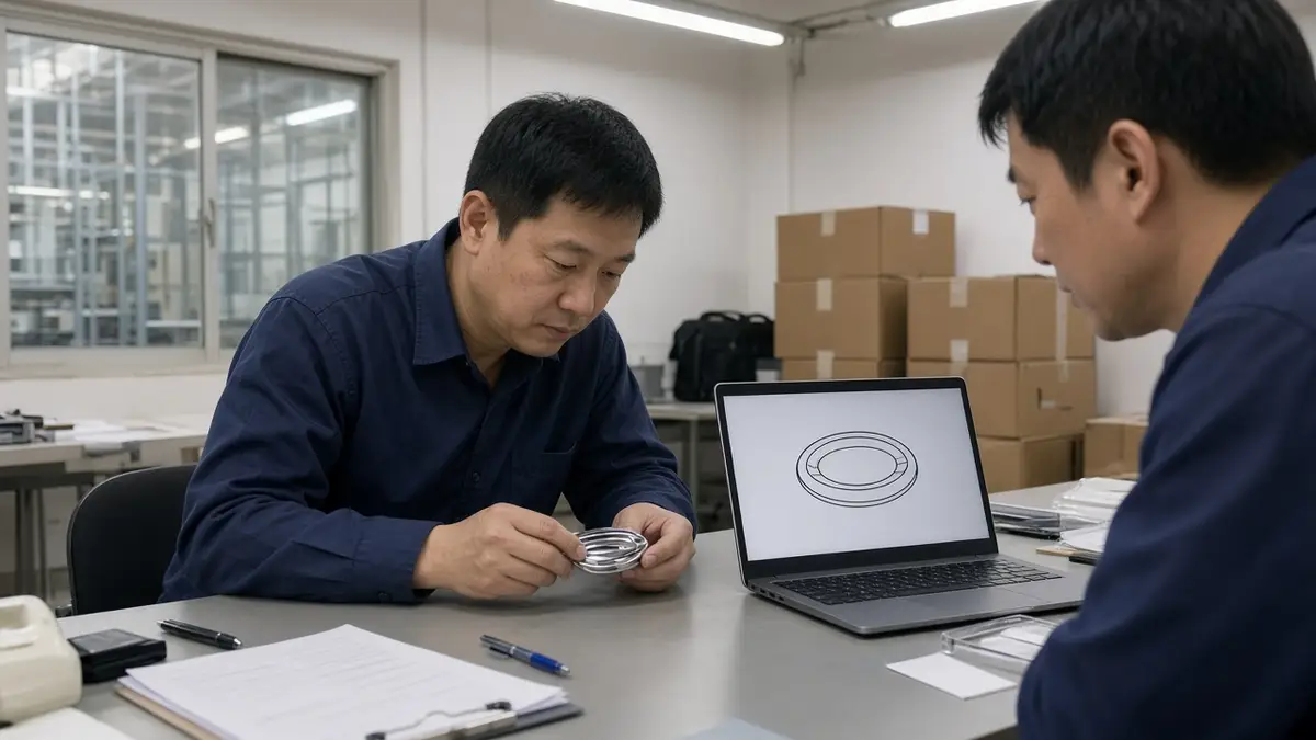 DXNTOPS staff reviewing a car emblem sample against the artwork