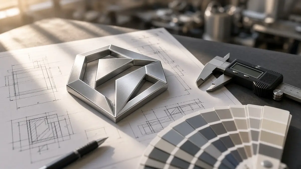 Custom geometric metal emblem prototype beside technical blueprint schematics, digital caliper, and color swatches