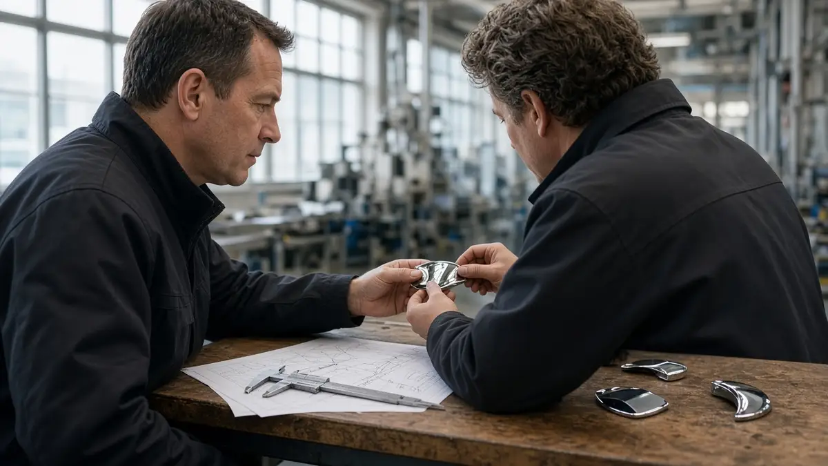 Engineer and buyer reviewing a chrome car emblem sample against printed artwork