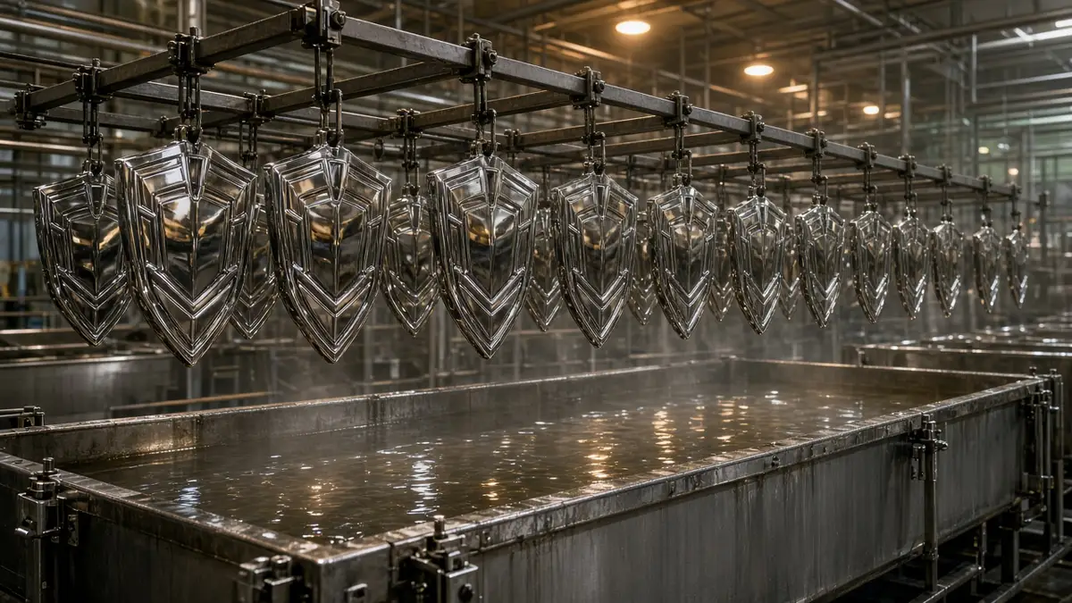 Chrome plating racks holding metal emblem blanks above plating tanks