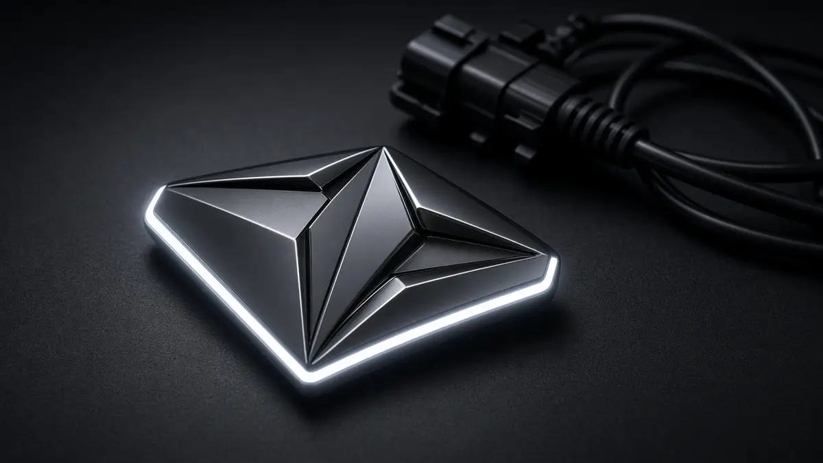 Illuminated geometric car badge glowing with clean white LED backlight on an engineering test bench