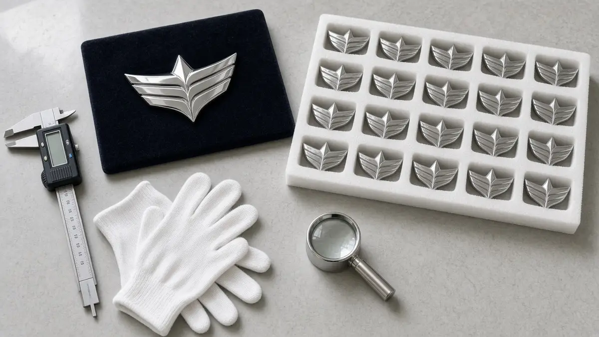 Pre-production emblem sample beside a tray of bulk chrome badges on a QC table