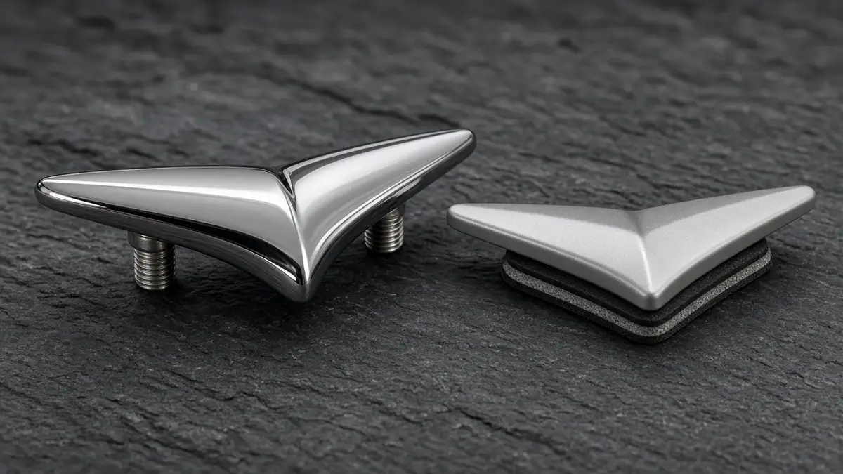 Side-by-side comparison of a heavy die-cast chrome car badge with mounting studs and a lightweight badge with foam adhesive