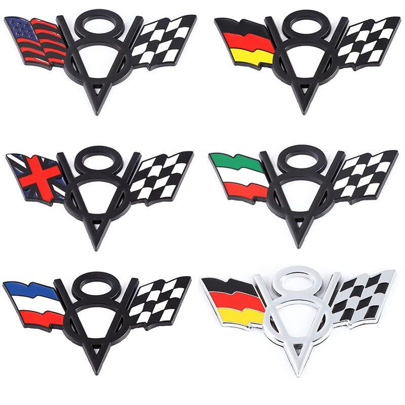 3D Metal V8 USA UK Germany France Italy Flag Sticker Emblem Badge for Fiat Ford Lada Audi Opel Skoda