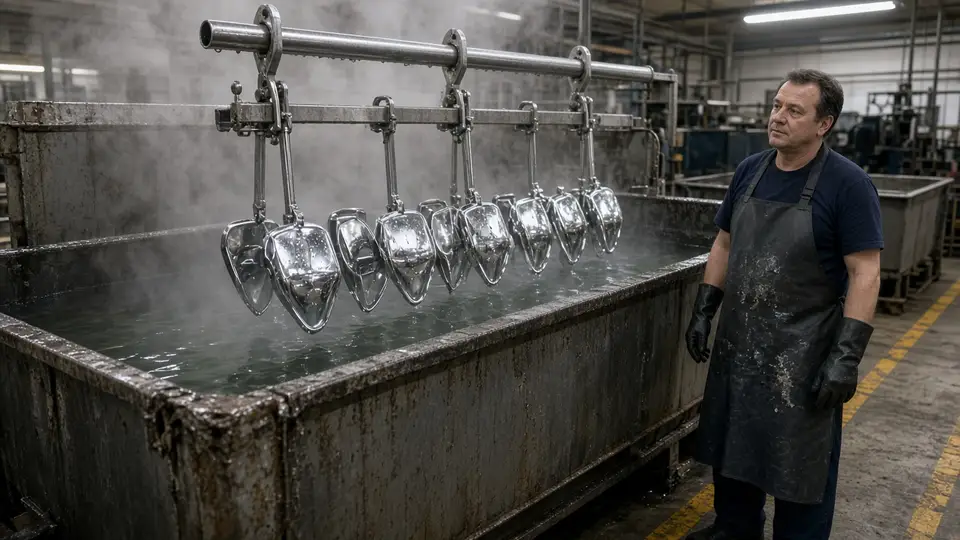 Chrome plating line lifting car emblems from the bath