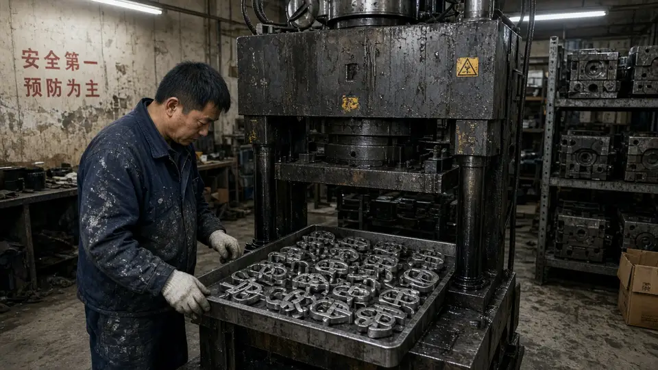 Die-casting press and a tray of raw zinc car emblem castings