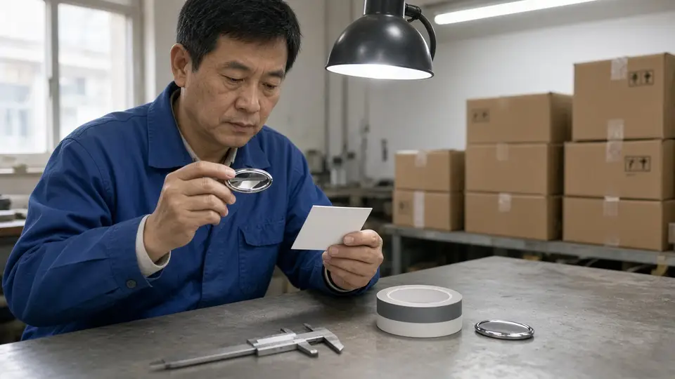 Inspector checking a chrome car emblem against the signed sample before export