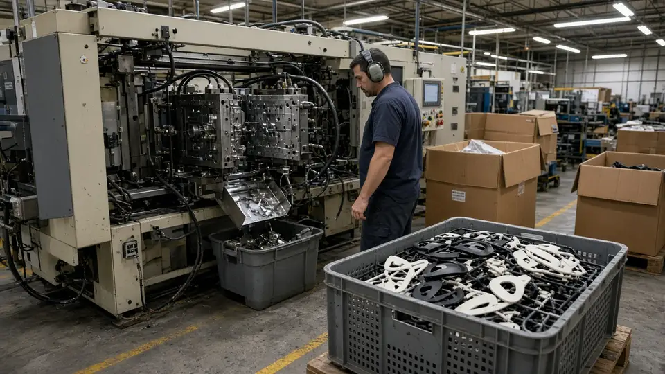 Injection molding machine beside a crate of raw ABS car badge parts