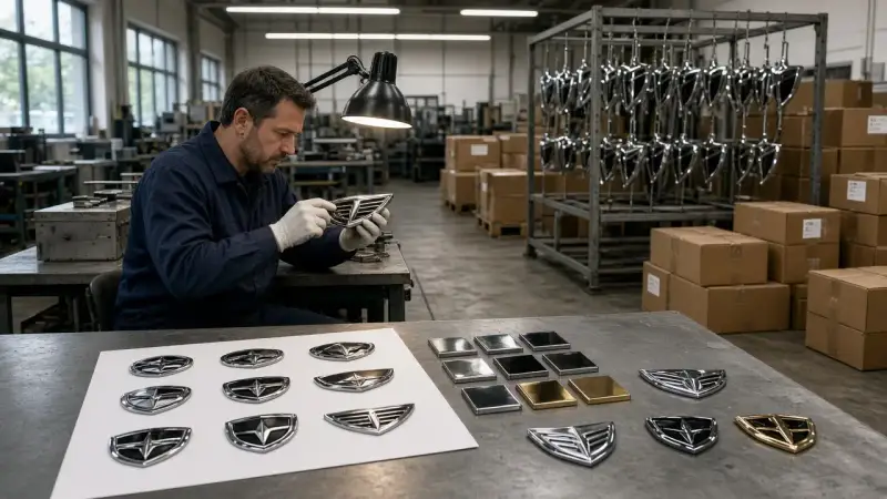 Design desk with logo, color chips, and metal samples beside the emblem plating line